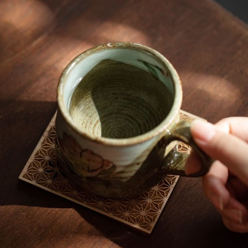 Japan Imported Seto-yaki Ceramic Flower Cat Mug 8.11oz, rustic green and floral design.